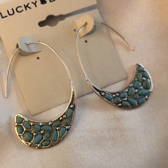 Lucky Brand Silver Tone Turquoise Stone Threader Hoop Earrings NWT - Picture 2 of 12